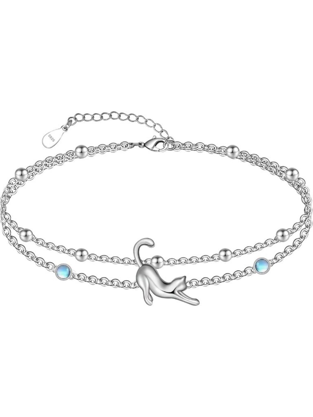 Boho 925 Sterling Silver Ankle Bracelet for Women, Adjustable Layered Foot Chain